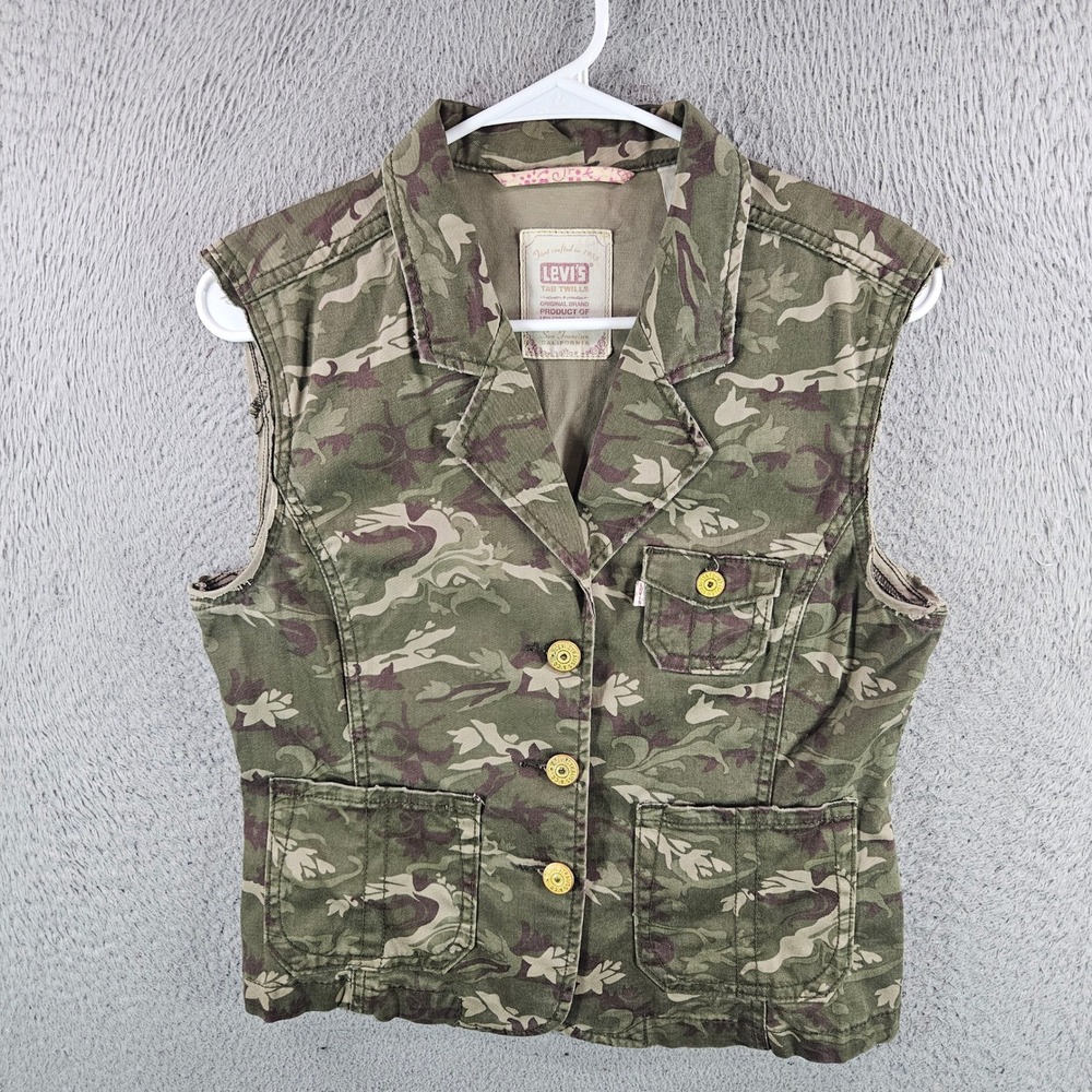 Levis Tab Twills Camo Vest‎ Womens Large Green Camouflage Floral Ruffle Back